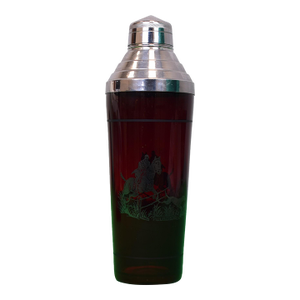 1930s Rockwell Silver Co Ruby Red Horse & Hound Hunt Scene W/ Sterling Overlay Cocktail Shaker