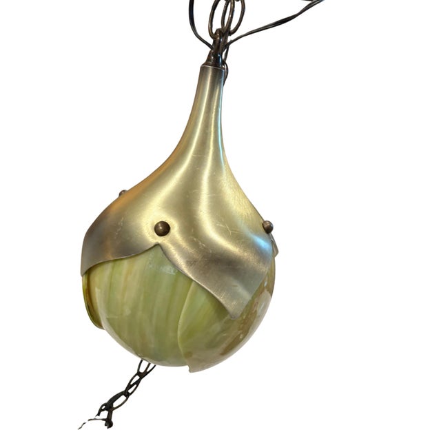Mid Century Modern Slag Glass & Aluminum 1-Light pendant, Ca. 1940 swag pendant Light Fixture. This is a slag glass with a...