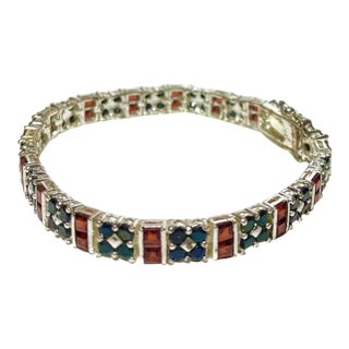Sterling Silver Rhodium, Ruby, and Sapphire Double Row Tennis Bracelet For Sale
