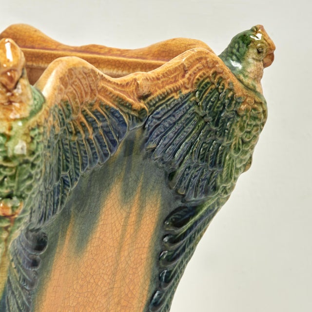 Ceramic Antique Majolica Vase or Vessel With Birds For Sale - Image 7 of 11