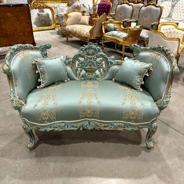 French Style Sky Blue Small Settee For Sale - Image 12 of 12