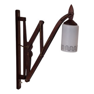 Mid-Century Danish Extendable Teak Wall Lamp with Swivel Arm and White Patterned Glass Shade, 1960s For Sale