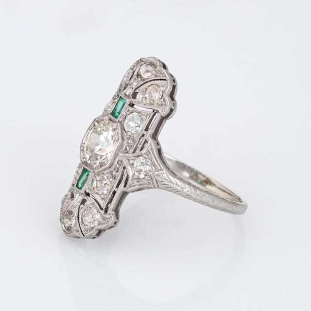 Vintage Art Deco Emerald Diamond Ring Platinum Elongated Plaque Band size 6 For Sale - Image 4 of 8