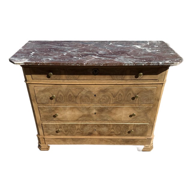 19th Century Louis Philippe Burl Walnut Bleached Marble Top Chest of Drawer / Commodes For Sale