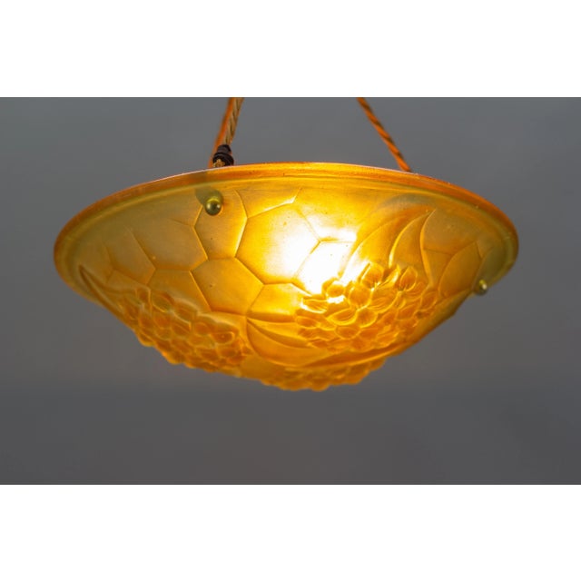 Metal French Art Deco Frosted Amber Colored Pendant Light from ROS, 1930s For Sale - Image 7 of 18