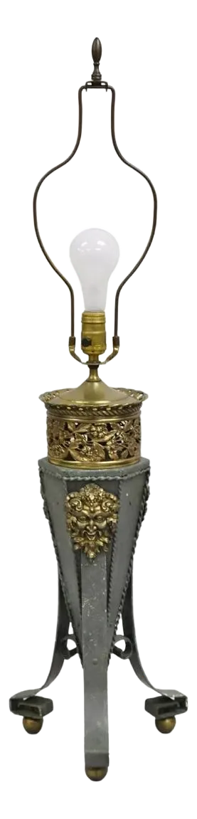 Antique French Neoclassical Green Iron Table Lamp With Brass Bacchus Face