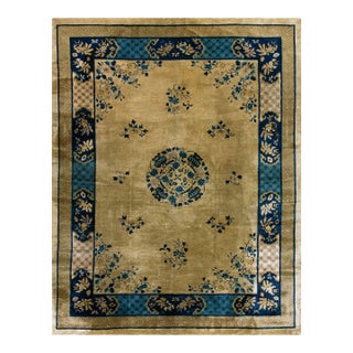 1920s Tan Beige Medallion Art Deco Antique Chinese Peking Carpet 8'10'' X 11'5'' Handknotted Wool Rug For Sale