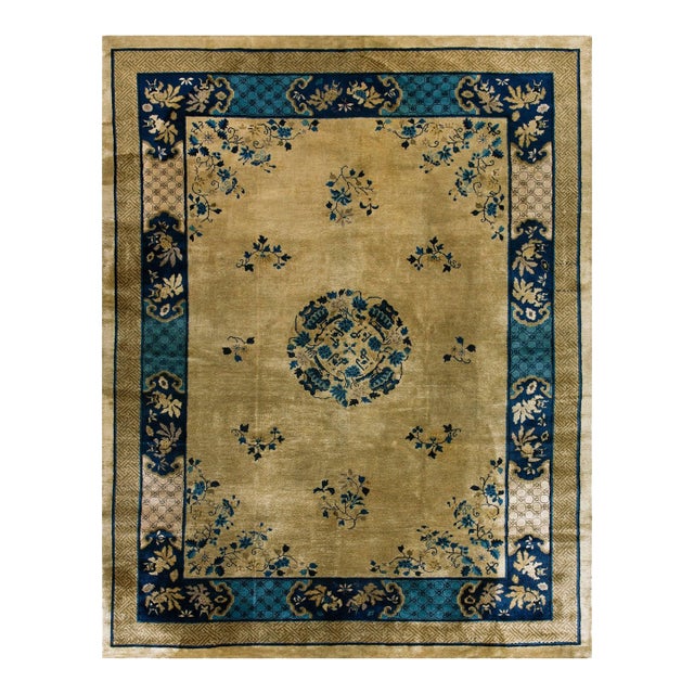 1920s Tan Beige Medallion Art Deco Antique Chinese Peking Carpet 8'10'' X 11'5'' Handknotted Wool Rug For Sale