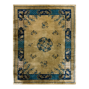 1920s Tan Beige Medallion Art Deco Antique Chinese Peking Carpet 8'10'' X 11'5'' Handknotted Wool Rug
