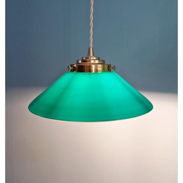 Metal Art Deco Conical Green Opaline Pendant Lights, Set of 2 For Sale - Image 7 of 17