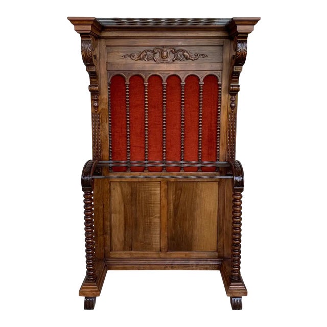 19th Large Carved Spanish Solid Walnut Hall Stand With Red Velvet Back For Sale