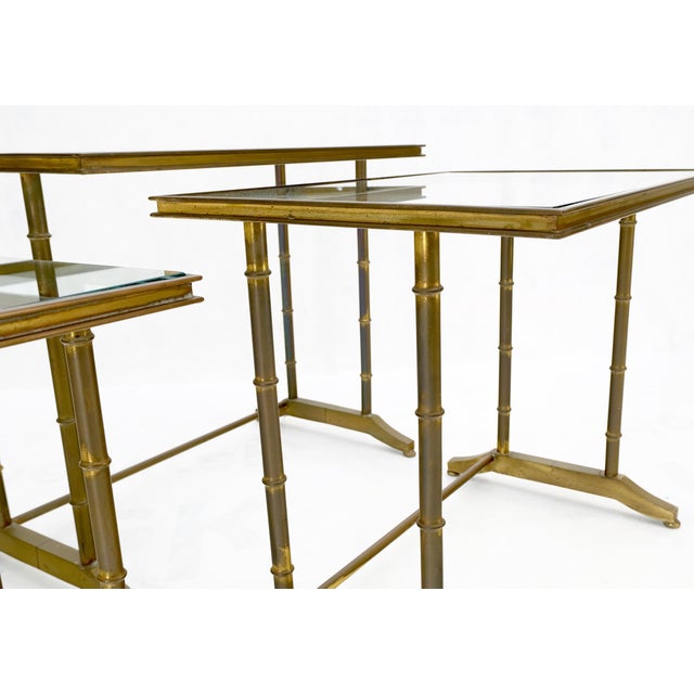 Metal Set of MCM Solid Brass Faux Bamboo Glass Top Nesting Side End Tables Stands For Sale - Image 7 of 15