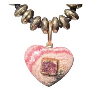 Rhodochrosite Heart Necklace With Spinel, 14k Gold & Pyrite For Sale