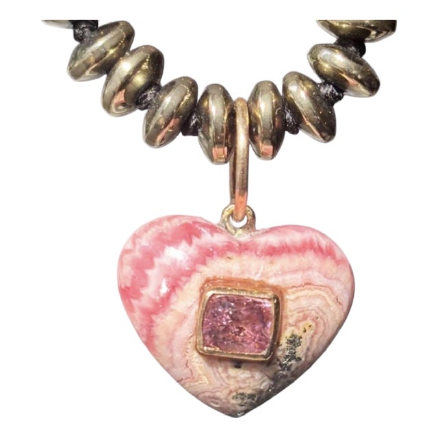 Rhodochrosite Heart Necklace With Spinel, 14k Gold & Pyrite For Sale