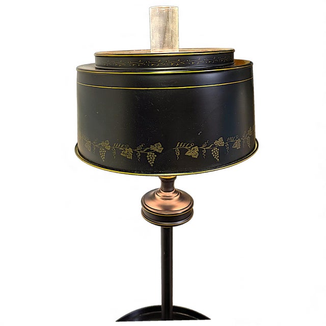 Vintage French Empire Bouillotte Black Tole Floor Lamp With Metal Shade Drinks Table For Sale - Image 4 of 10
