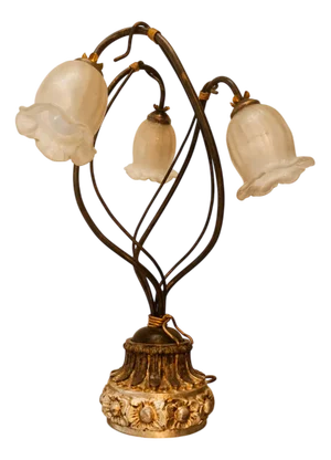 Three Light Lamp with Murano Glass with Metal and Engraved Wood