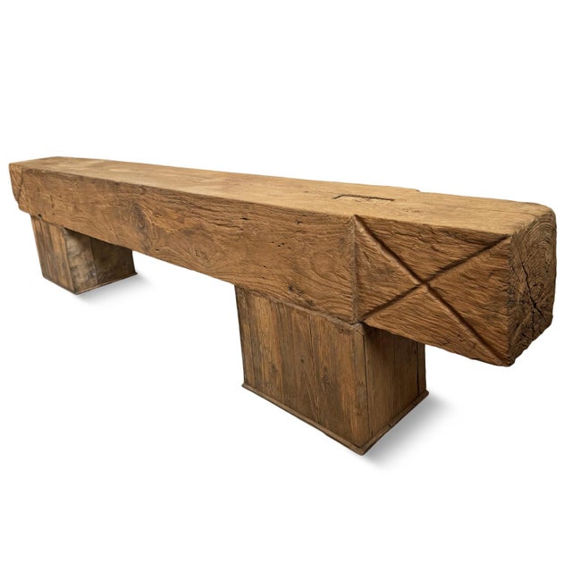 Old Rustic Teak Wood X Beam Bench For Sale - Image 4 of 9