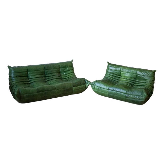 Set of Dubai Green Leather Togo 2- and 3-Seat Sofa by Michel Ducaroy for Ligne Roset For Sale