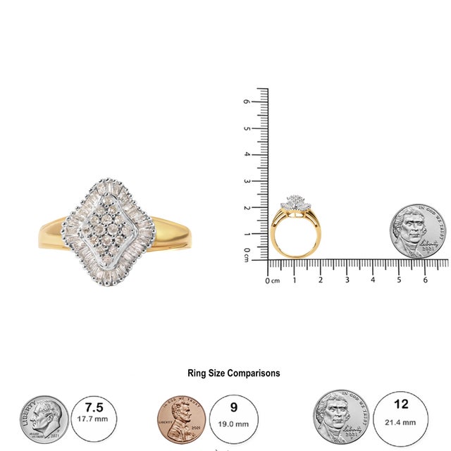 10K Yellow Gold 1/2 Cttw Round And Baguette-cut Diamond Rhombus Head and Halo Ring (I-J Color, I1-I2 Clarity) - Ring Size 7 For Sale In New York - Image 6 of 6
