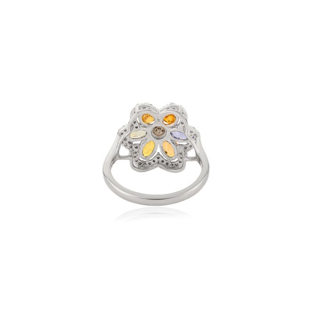 Metal Bochic Solid Silver Oval Multi Sapphire & Diamond Cluster Cocktail Ring - Size 6 For Sale - Image 7 of 10