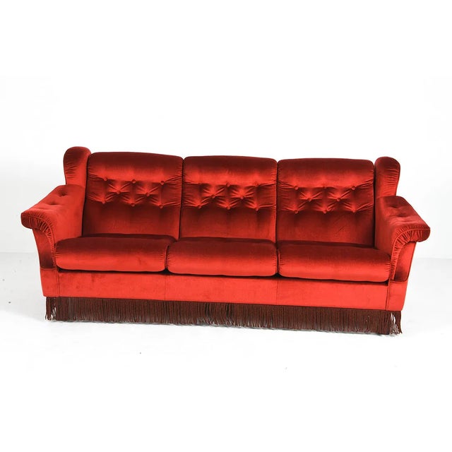 Mid-Century Modern 1960s Vintage Scandinavian Red Velour Three-Seat Sofa With Beech Feet For Sale - Image 3 of 10