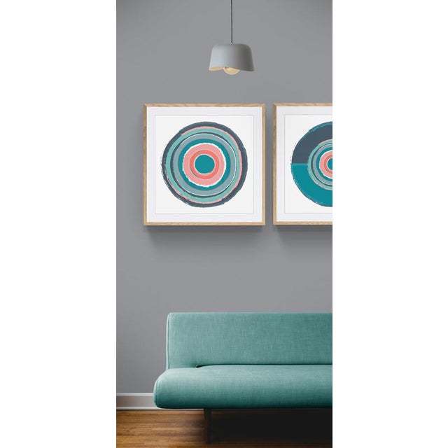 Mid-Century Modern "Circles in Coral and Teal" Contemporary Fine Art Print by Melinda Cox 20" X 20" For Sale - Image 3 of 5