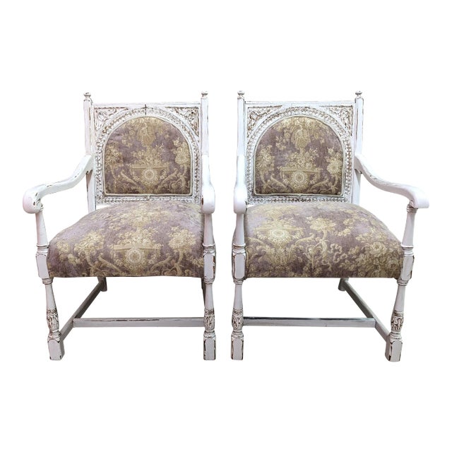 Early 20th Century Antique Painted Carved Oak Arm Chairs - Set of 2 For Sale