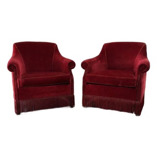 Pair of Vintage Danish Modern Art Deco Style Burgundy Mohair Velvet Club Chairs, 1940's For Sale