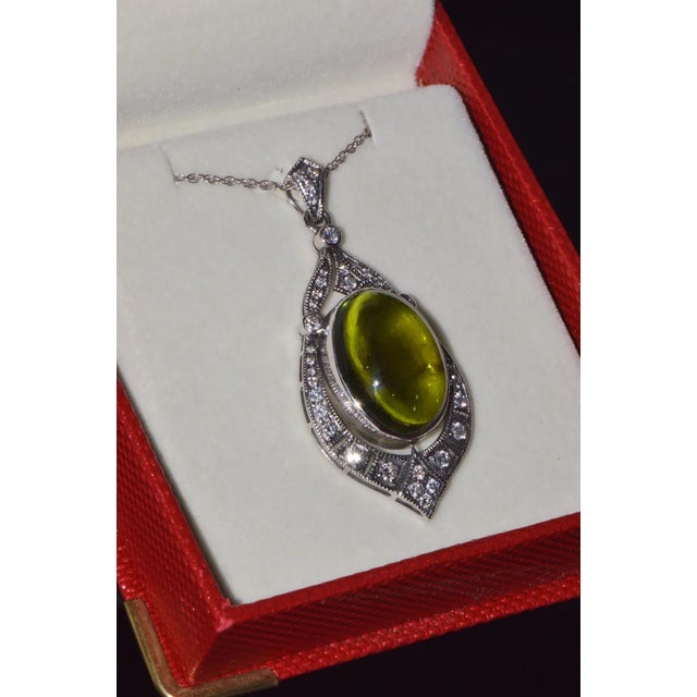 Certified Natural 28.17Cts Diamond Green Tourmaline 18K Gold Art Deco Slide Pendant Necklace For Sale - Image 4 of 10