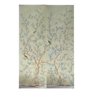 Chinoiserie Hand Painted Floral Mural Wallpaper - 2 Panels For Sale