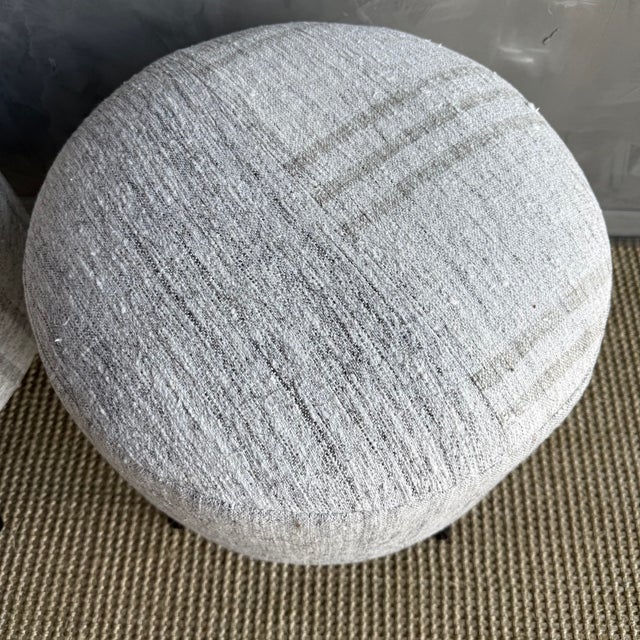 Pair of Off-white Ottomans Made From Vintage Turkish Rugs With Wood Legs For Sale In Los Angeles - Image 6 of 8