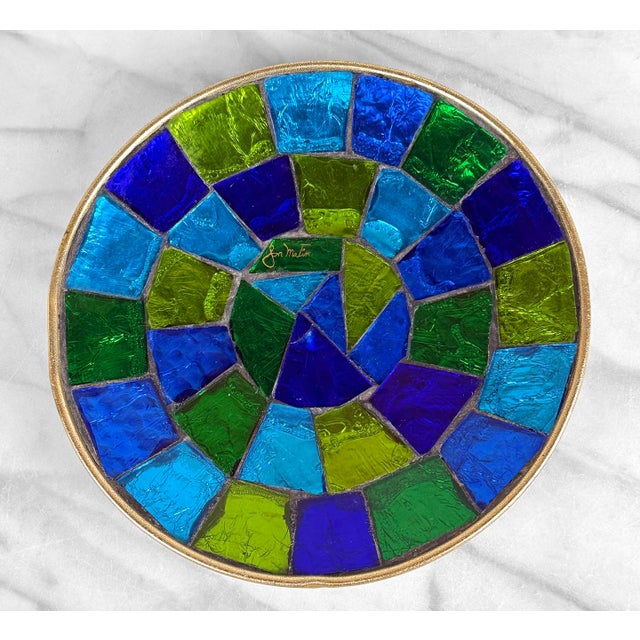 Mid-Century Jon Matin Mosaic Blue & Green Foil Glass Catchall Bowl For Sale - Image 4 of 11