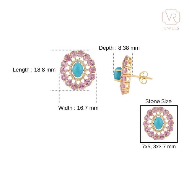 6.32ct Cabochon Turquoise Pink Sapphire & Diamond Floral Stud Earrings 14k Gold- A Pair For Sale - Image 11 of 13
