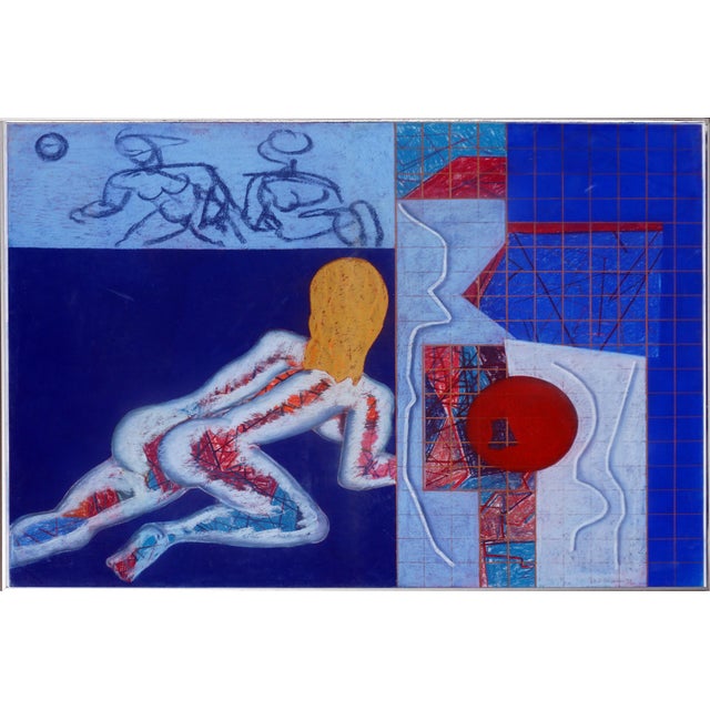 Stunning modernist avant-garde figurative abstract pastel in deep royal blue, with red and yellow accents by Henry Elinson...