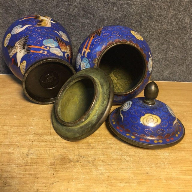 Pair of Small Chinese Cloisonné Enamel Crane & Cloud Jars With Lids - 8" Tall For Sale In Los Angeles - Image 6 of 9