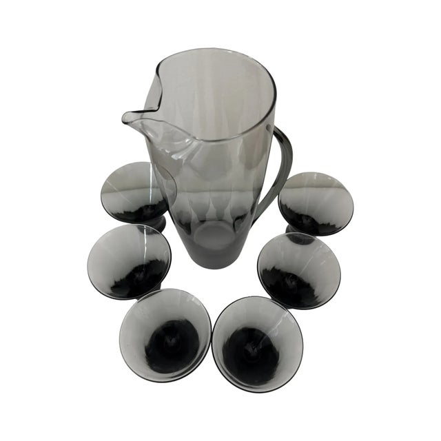 1960s 1960s Mid-Century Modern Morgantown Glass “Normandie” Smoke Gray Pitcher & Six Glasses - 7 pcs For Sale - Image 5 of 10