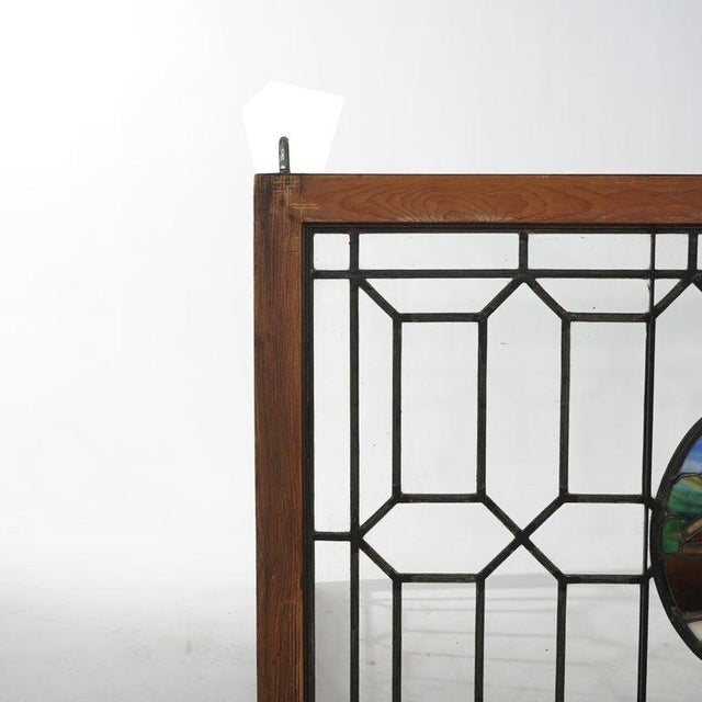 Antique Arts & Crafts Leaded & Stained Glass Window With Country Road Circa 1910 For Sale - Image 11 of 14