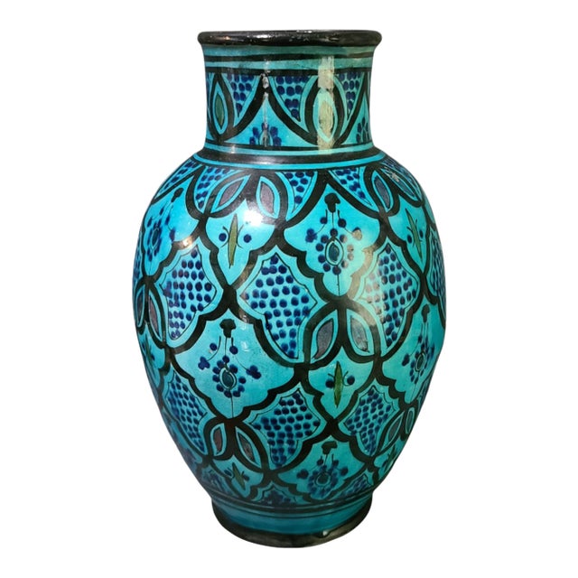 Vintage Hand Painted Moroccan Turquoise Blue & Black Terra-Cotta Pottery Vase For Sale