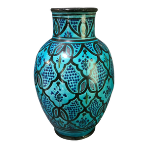 Vintage Hand Painted Moroccan Turquoise Blue & Black Terra-Cotta Pottery Vase