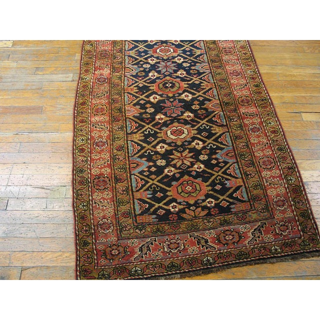 Textile 1890s Navy Blue Geometric Tribal Antique Persian Kurdish Rug 3'6" X10'6" Knoted Wool Carpet For Sale - Image 7 of 9