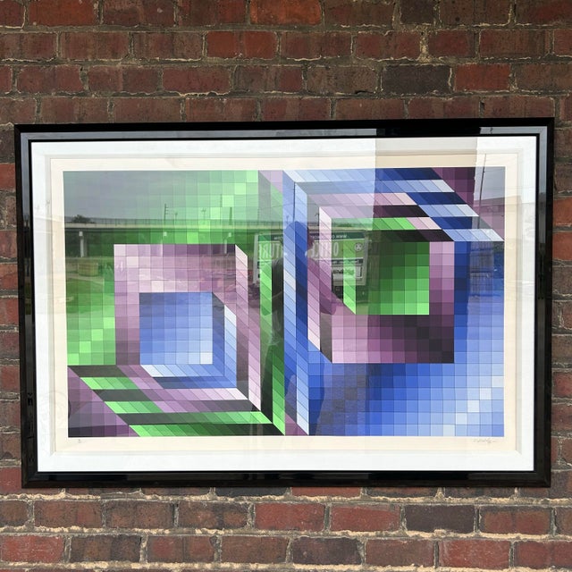 1980s Victor Vasarely Diptych screen print featuring cubist abstract with purple, green and blue. Pencil Signed, Lower...