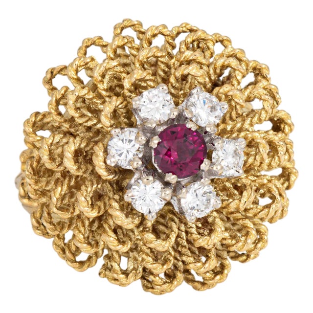 60s Vintage Diamond Ruby Ring Sz 5.25 18k Yellow Gold Flower Cocktail Jewelry For Sale