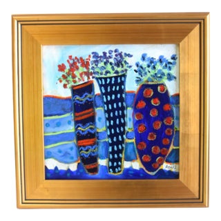 Flowers in Vases Oil Painting by Ruth Arenz Including the Antiqued Gold Wood Frame For Sale
