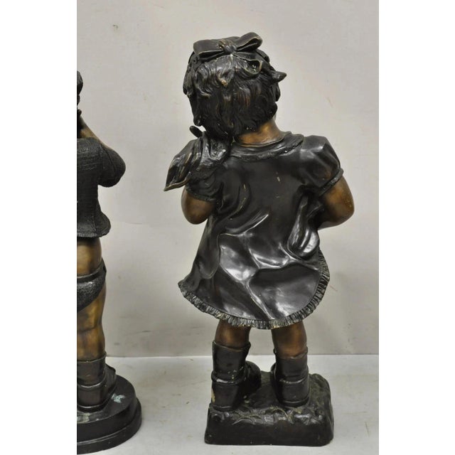 Late 20th Century Victorian Style Cast Bronze 29" Little Boy and Girl Statue Figure - A Pair For Sale In Philadelphia - Image 6 of 12