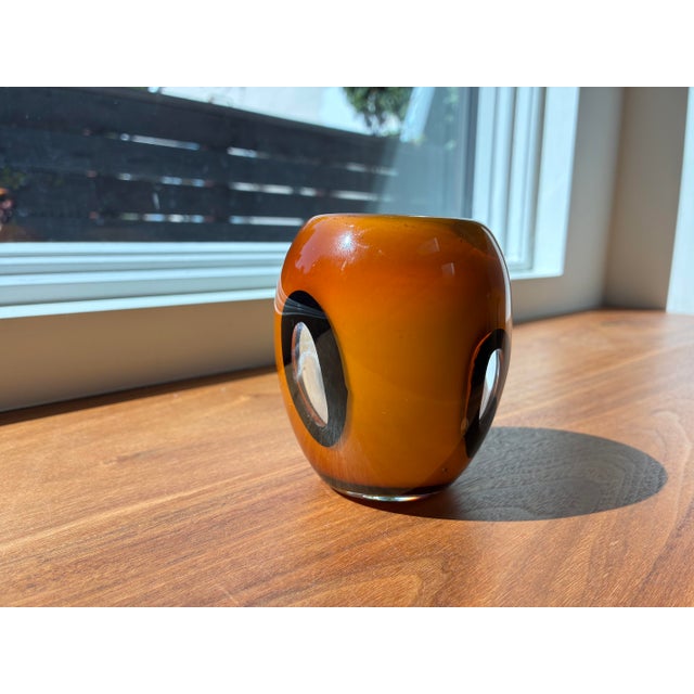 Set of 2, Vintage Dreamlight Mediterrana German Sculptural Art Glass -Amber Votive & Organic Modern Bowl For Sale - Image 4 of 10