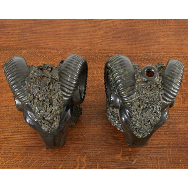 Dark Green Pair of Neoclassical Style Jade Rams Head Pottery Sculptures For Sale - Image 8 of 13