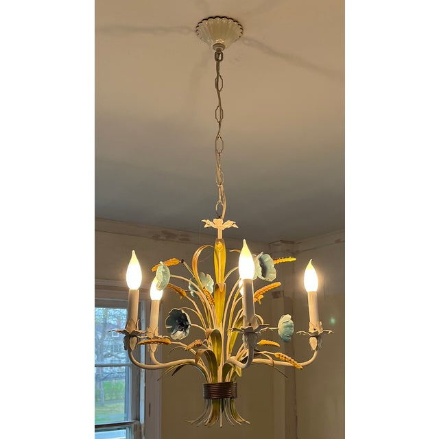 1970s Italian Mid-Century Tole Five Light Chandelier With Gathered Blue Flowers, Grasses and Wheat Stalks For Sale - Image 4 of 18