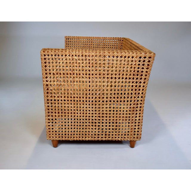 Modern Caned Teak Rattan Loveseat in Blue and White Sunbrella Fabric For Sale - Image 11 of 15