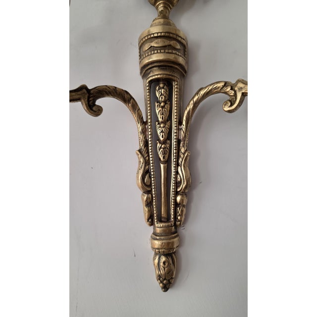 Pair Vintage Bronze Wall Candle Sconces, French Regency Style Candelabra, Hollywood Regency Brass Wall Decor, Neoclassical Candle Holders For Sale - Image 13 of 14