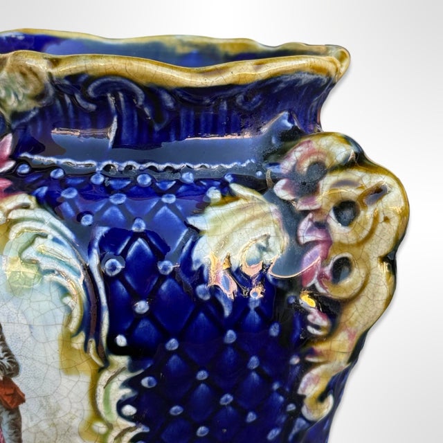Antique Victorian Majolica Cobalt Blue Vase W/ Courting Couple Scene For Sale - Image 4 of 10